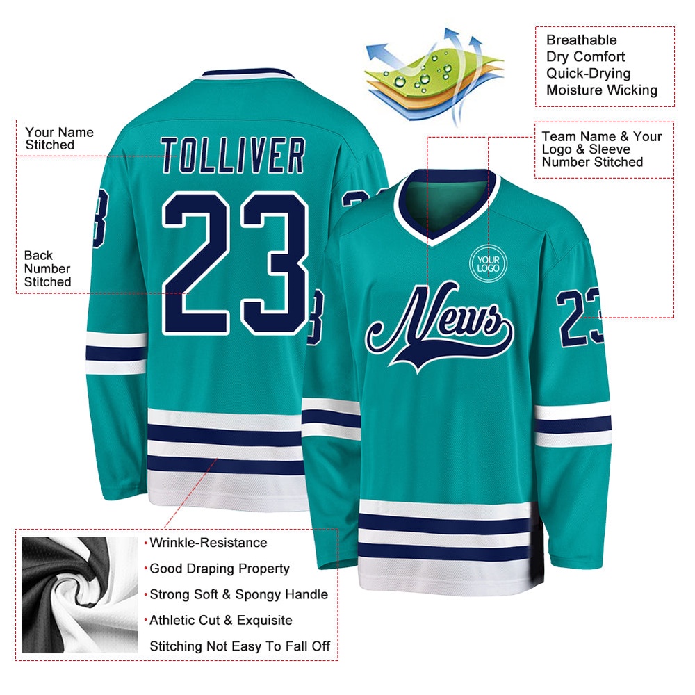 Custom Aqua Navy White Hockey Jersey, New Hockey Jersey, Personali Sport Team Jersey Shirt
