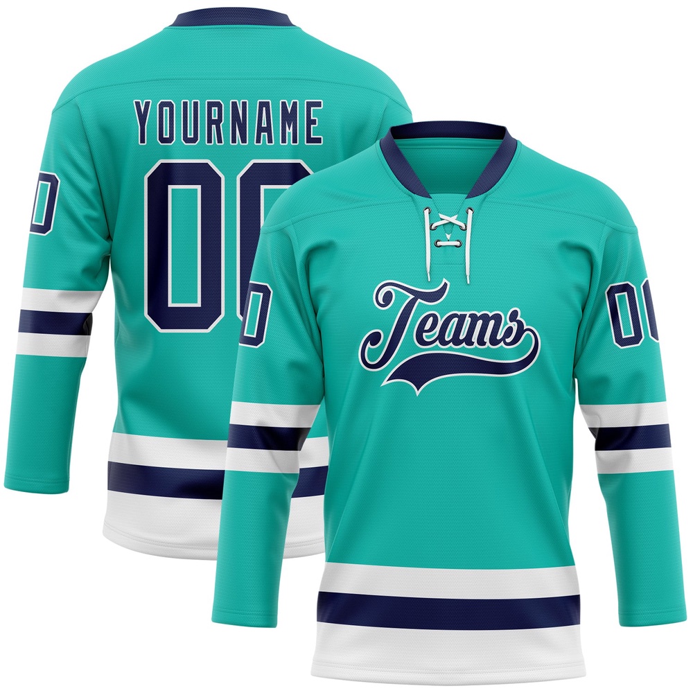 Custom Aqua Navy White Hockey Lace Neck Jersey, New Hockey Jersey, Personali Sport Team Jersey Shirt
