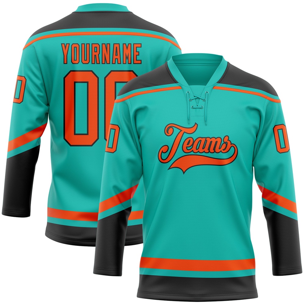 Custom Aqua Orange Black Hockey Lace Neck Jersey, New Hockey Jersey, Personali Sport Team Jersey Shirt