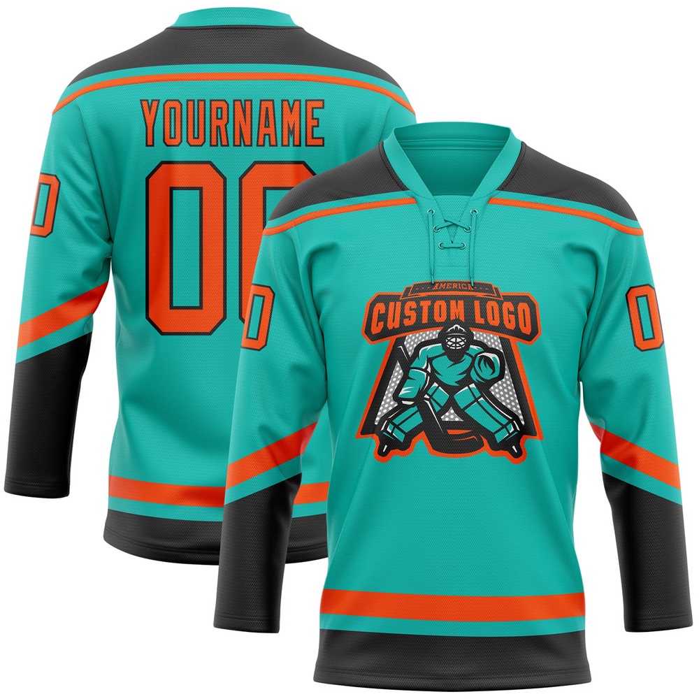 Custom Aqua Orange Black Hockey Lace Neck Jersey, New Hockey Jersey, Personali Sport Team Jersey Shirt
