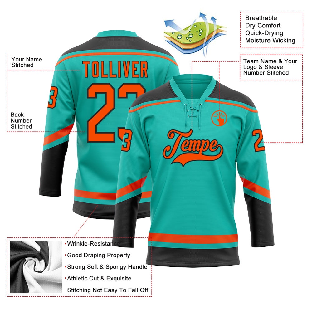 Custom Aqua Orange Black Hockey Lace Neck Jersey, New Hockey Jersey, Personali Sport Team Jersey Shirt
