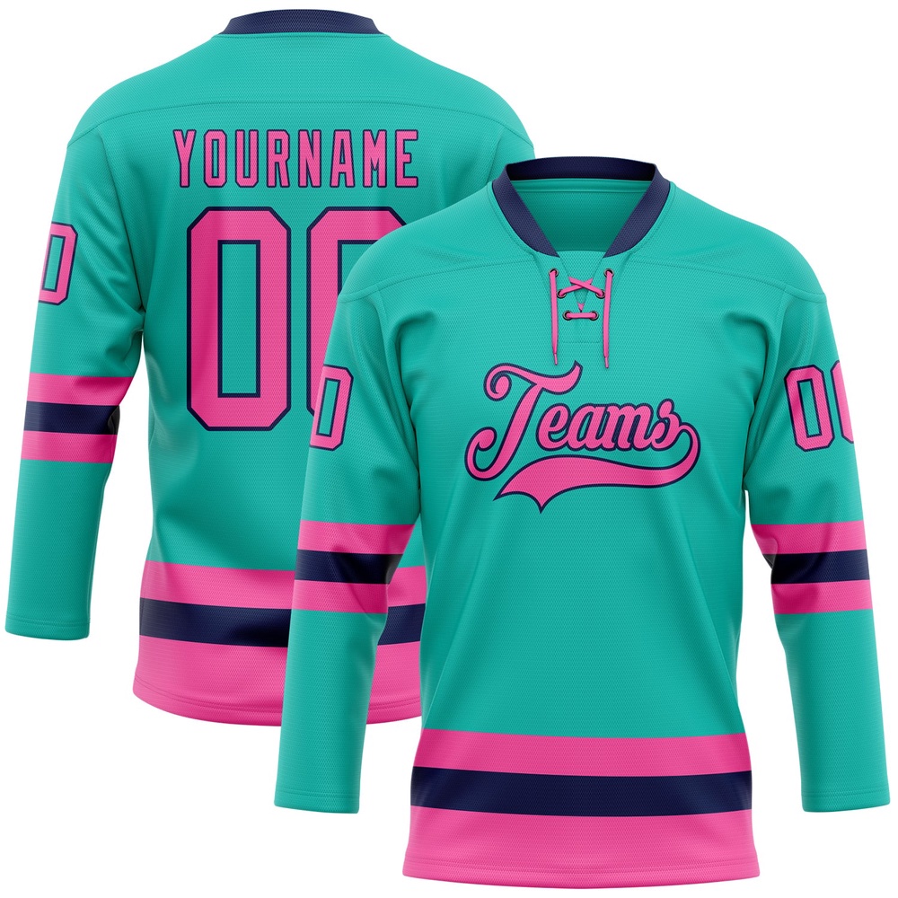 Custom Aqua Pink Navy Hockey Lace Neck Jersey, New Hockey Jersey, Personali Sport Team Jersey Shirt