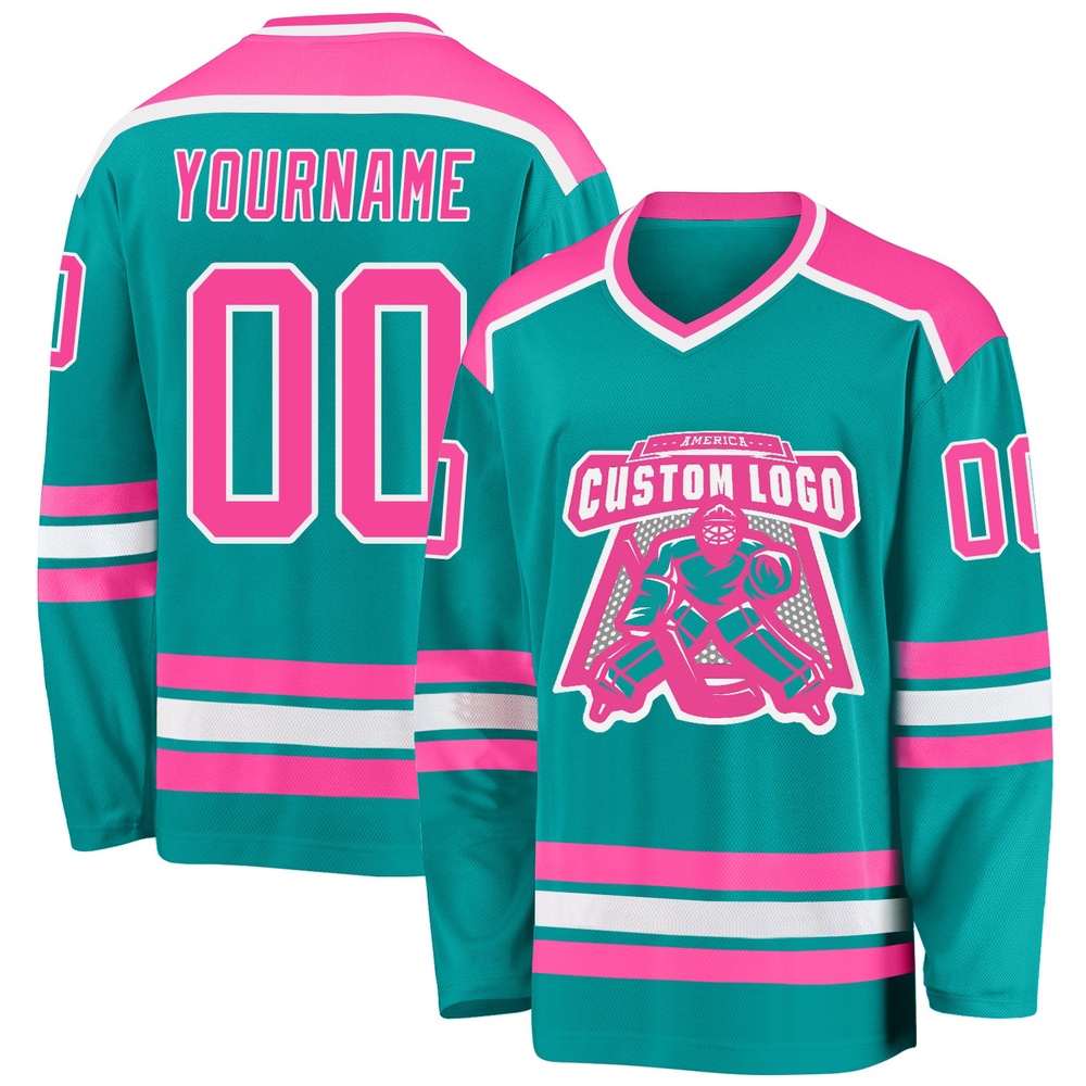 Custom Aqua Pink White Hockey Jersey, New Hockey Jersey, Personali Sport Team Jersey Shirt Custom Aqua Pink White Hockey Jersey, New Hockey Jersey, Personali Sport Team Jersey Shirt