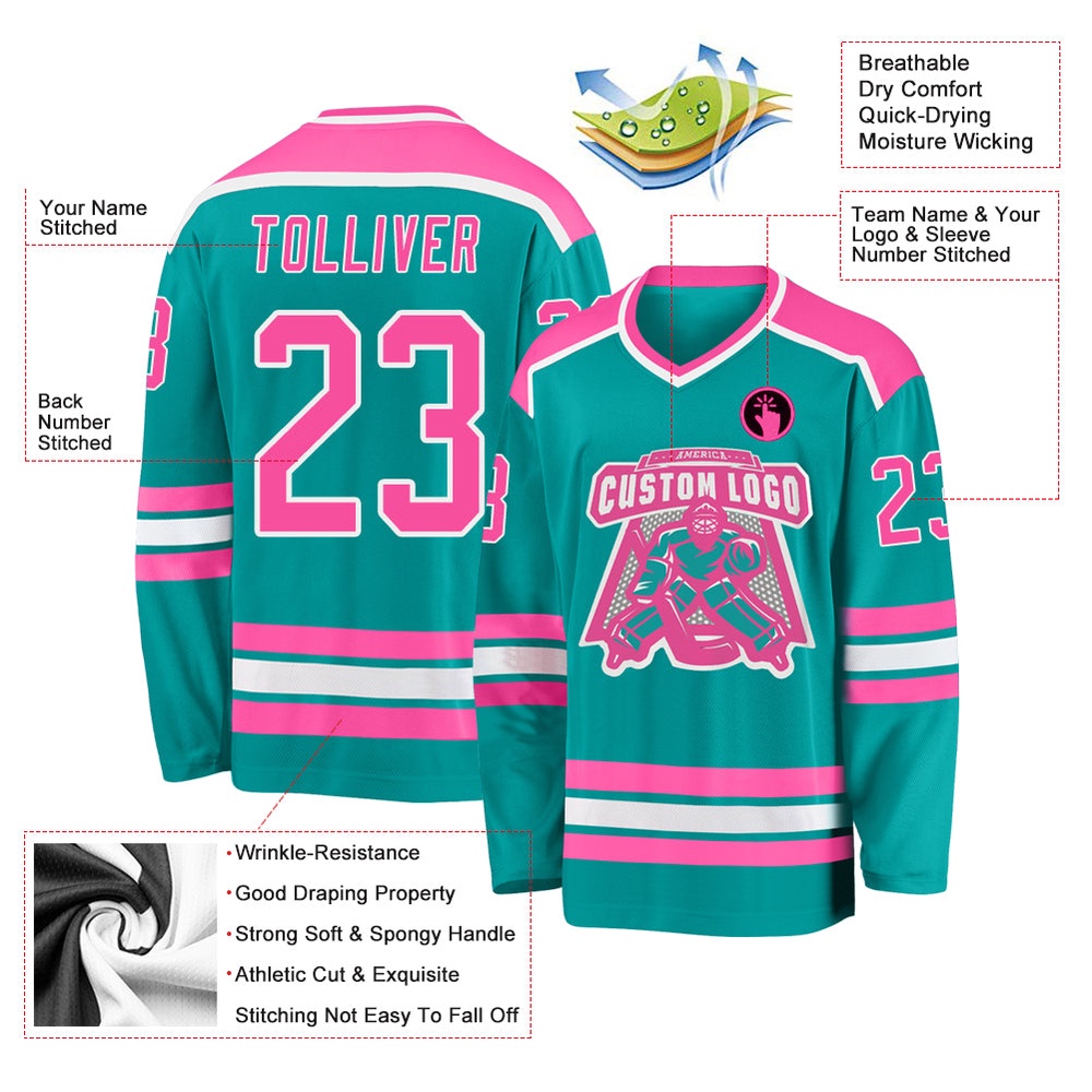 Custom Aqua Pink White Hockey Jersey, New Hockey Jersey, Personali Sport Team Jersey Shirt Custom Aqua Pink White Hockey Jersey, New Hockey Jersey, Personali Sport Team Jersey Shirt