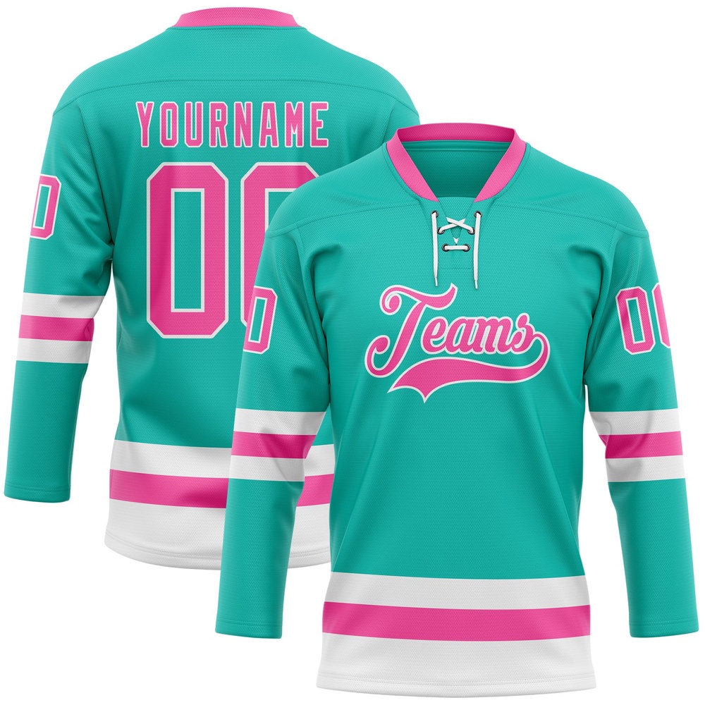 Custom Aqua Pink White Hockey Lace Neck Jersey, New Hockey Jersey, Personali Sport Team Jersey Shirt