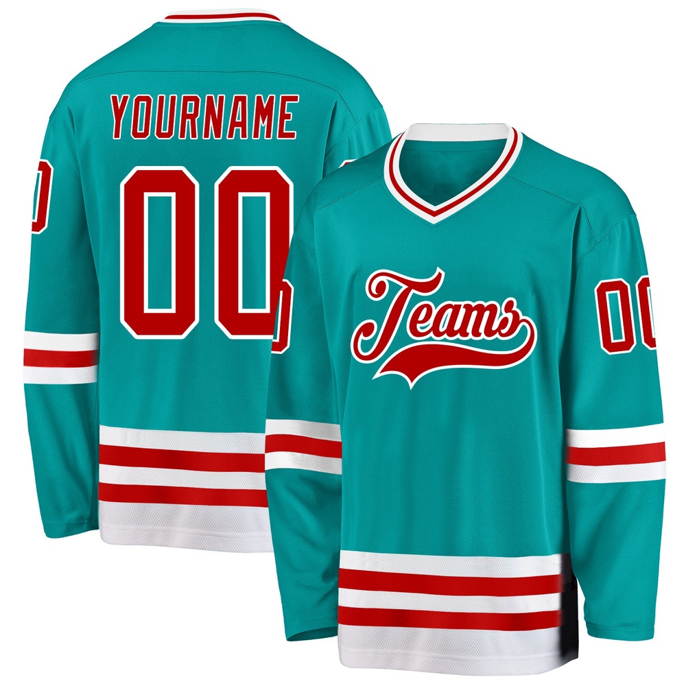 Custom Aqua Red White Hockey Jersey, New Hockey Jersey, Personali Sport Team Jersey Shirt Custom Aqua Red White Hockey Jersey, New Hockey Jersey, Personali Sport Team Jersey Shirt
