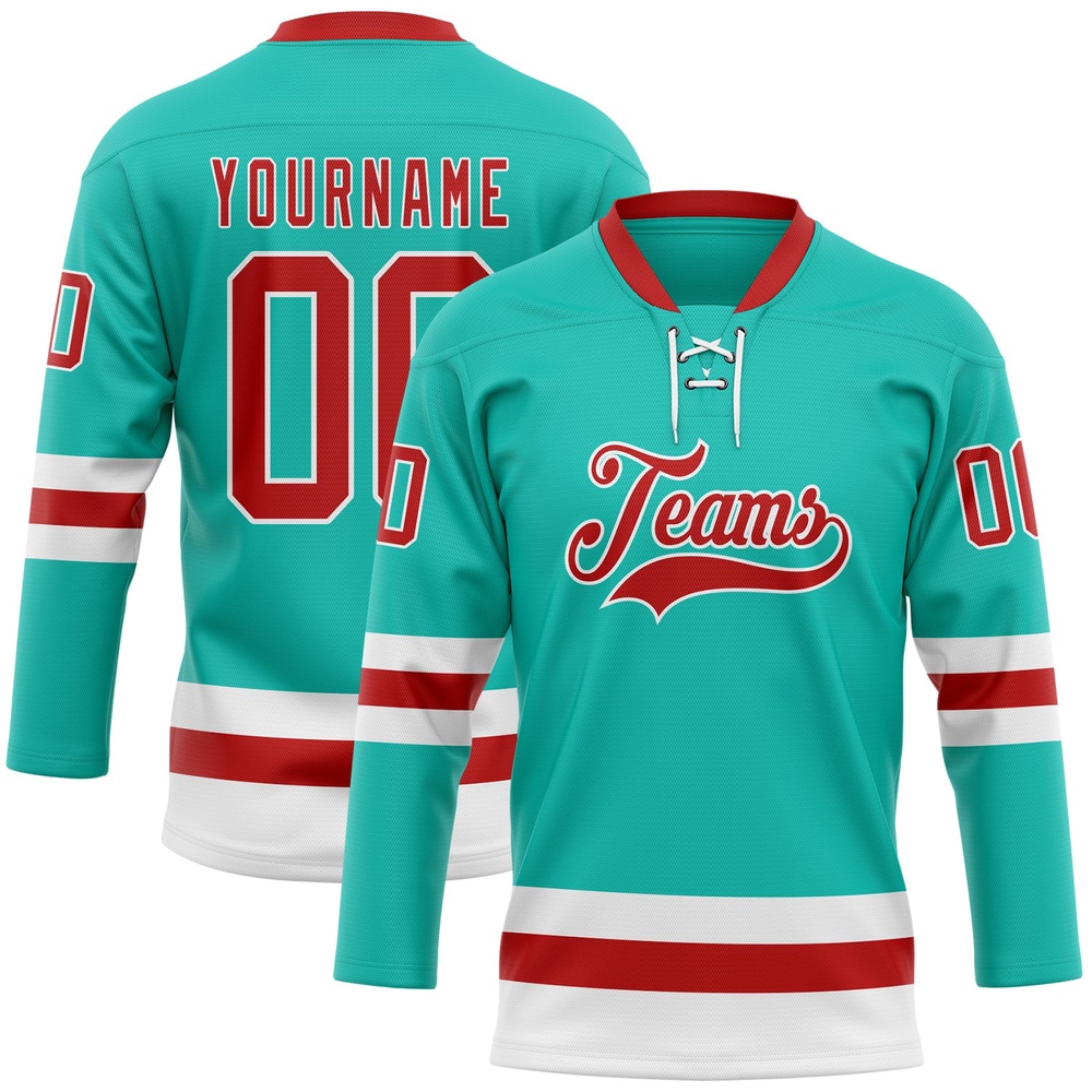 Custom Aqua Red White Hockey Lace Neck Jersey, New Hockey Jersey, Personali Sport Team Jersey Shirt Custom Aqua Red White Hockey Lace Neck Jersey, New Hockey Jersey, Personali Sport Team Jersey Shirt
