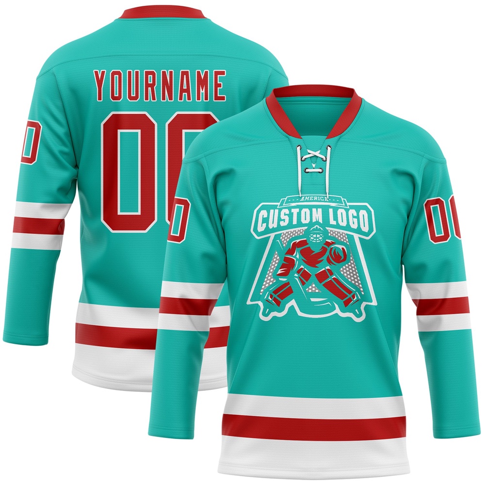 Custom Aqua Red White Hockey Lace Neck Jersey, New Hockey Jersey, Personali Sport Team Jersey Shirt Custom Aqua Red White Hockey Lace Neck Jersey, New Hockey Jersey, Personali Sport Team Jersey Shirt