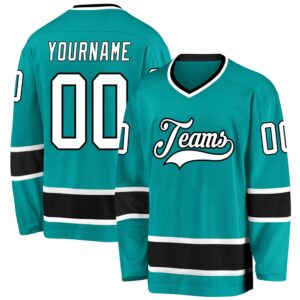 Custom Aqua White Black Hockey Jersey, New…