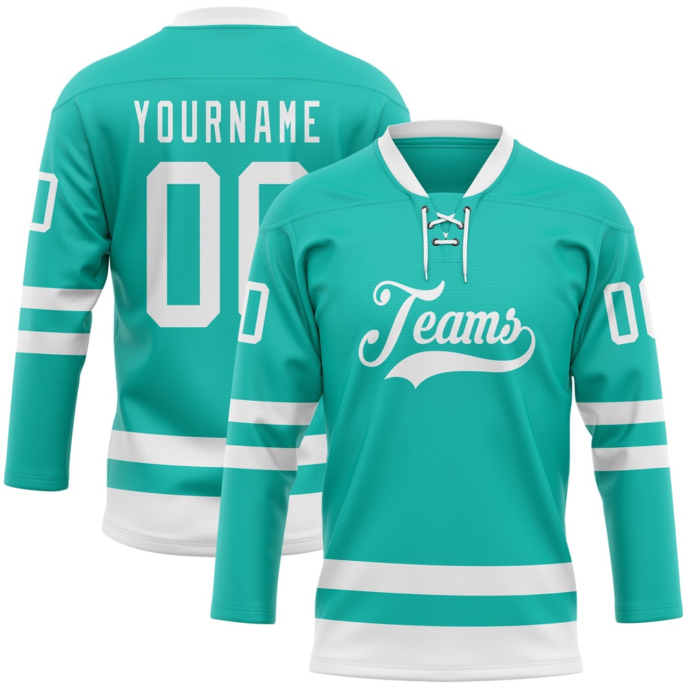 Custom Aqua White Hockey Lace Neck Jersey, New Hockey Jersey, Personali Sport Team Jersey Shirt
