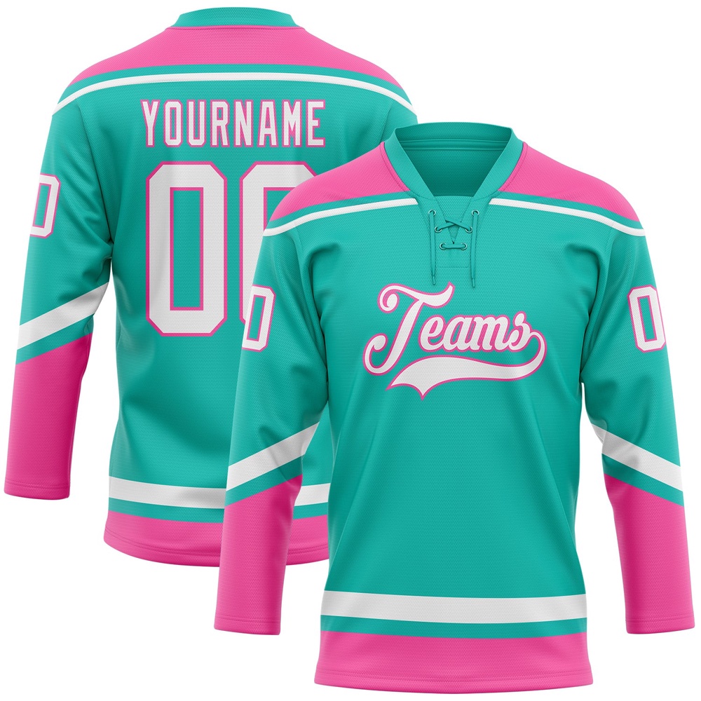 Custom Aqua White Pink Hockey Lace Neck Jersey, New Hockey Jersey, Personali Sport Team Jersey Shirt