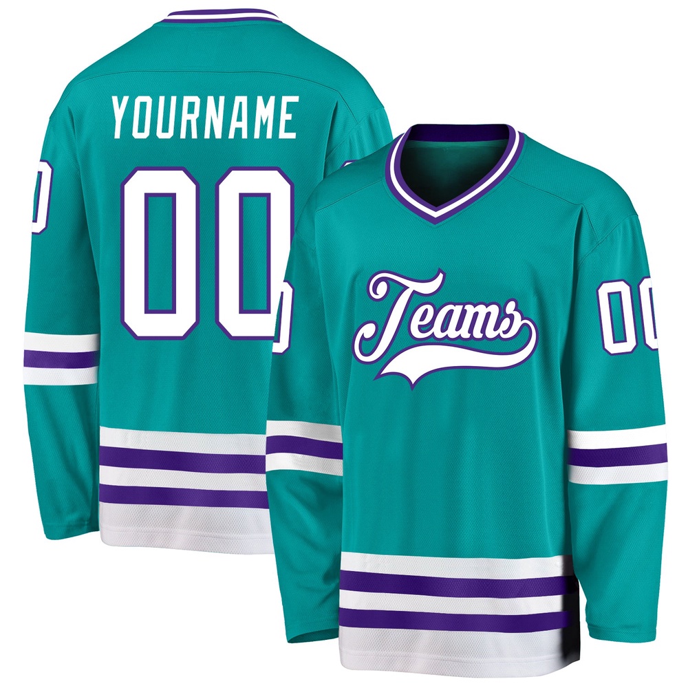 Custom Aqua White Purple Hockey Jersey, New Hockey Jersey, Personali Sport Team Jersey Shirt