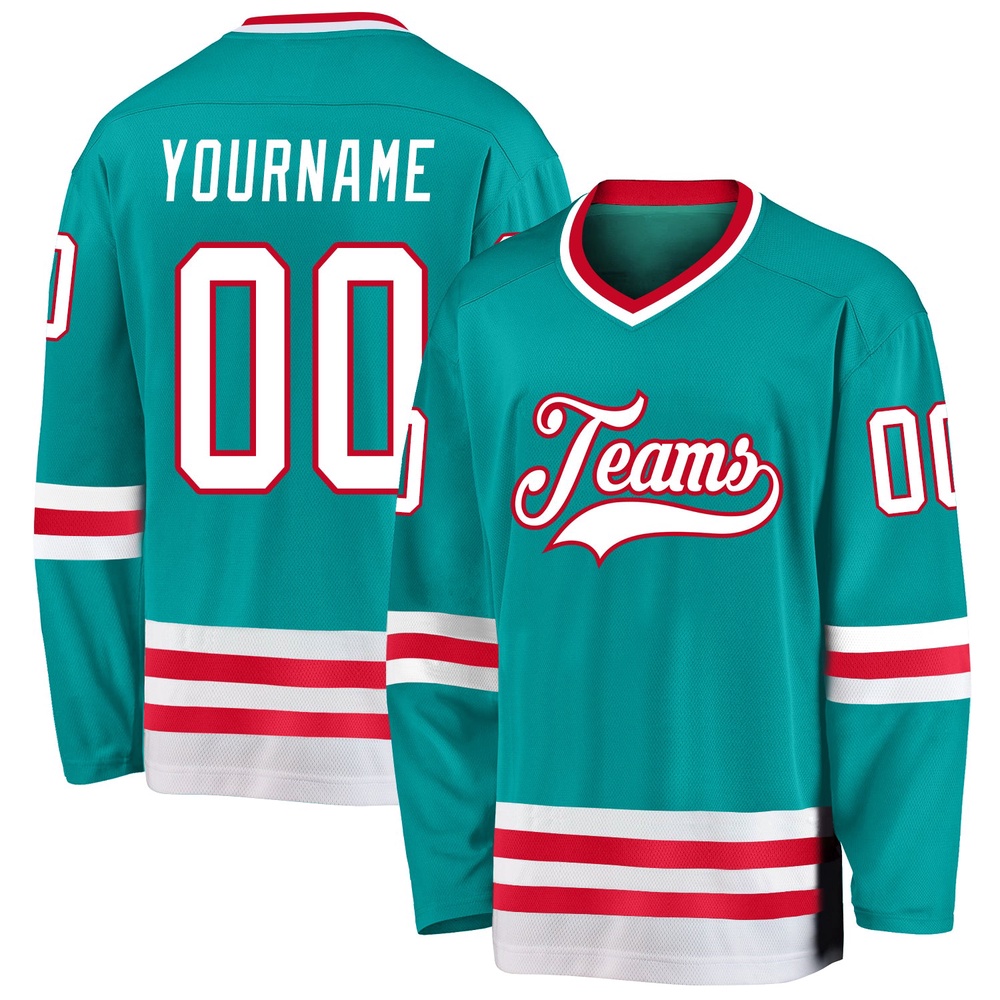 Custom Aqua White Red Hockey Jersey, New Hockey Jersey, Personali Sport Team Jersey Shirt Custom Aqua White Red Hockey Jersey, New Hockey Jersey, Personali Sport Team Jersey Shirt