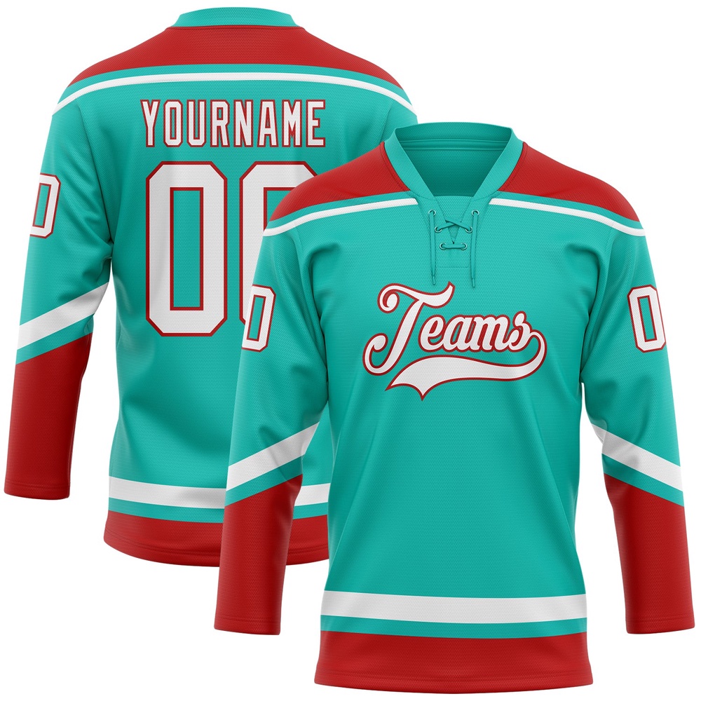 Custom Aqua White Red Hockey Lace Neck Jersey, New Hockey Jersey, Personali Sport Team Jersey Shirt