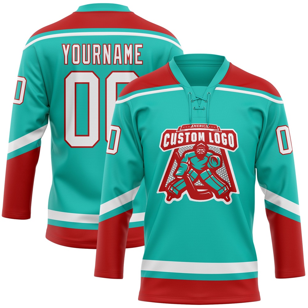 Custom Aqua White Red Hockey Lace Neck Jersey, New Hockey Jersey, Personali Sport Team Jersey Shirt