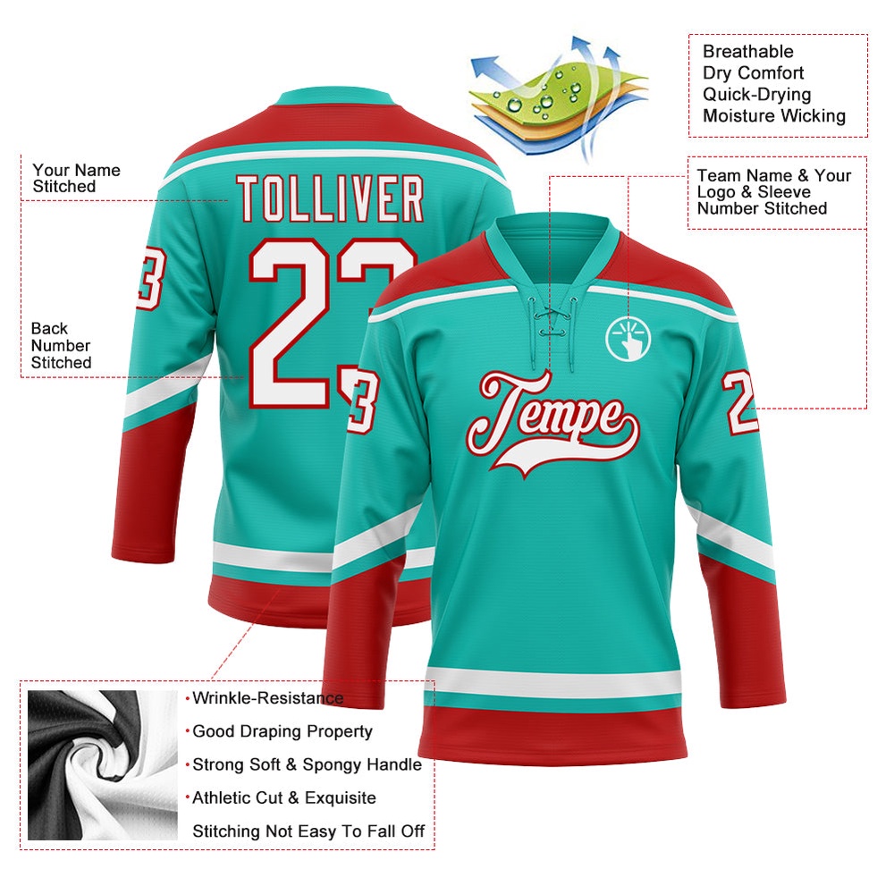 Custom Aqua White Red Hockey Lace Neck Jersey, New Hockey Jersey, Personali Sport Team Jersey Shirt