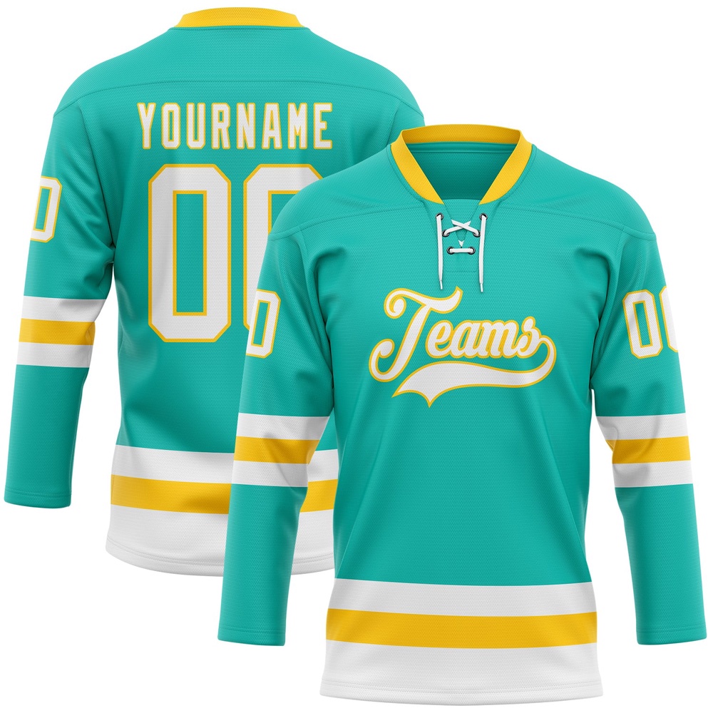 Custom Aqua White Yellow Hockey Lace Neck Jersey, New Hockey Jersey, Personali Sport Team Jersey Shirt