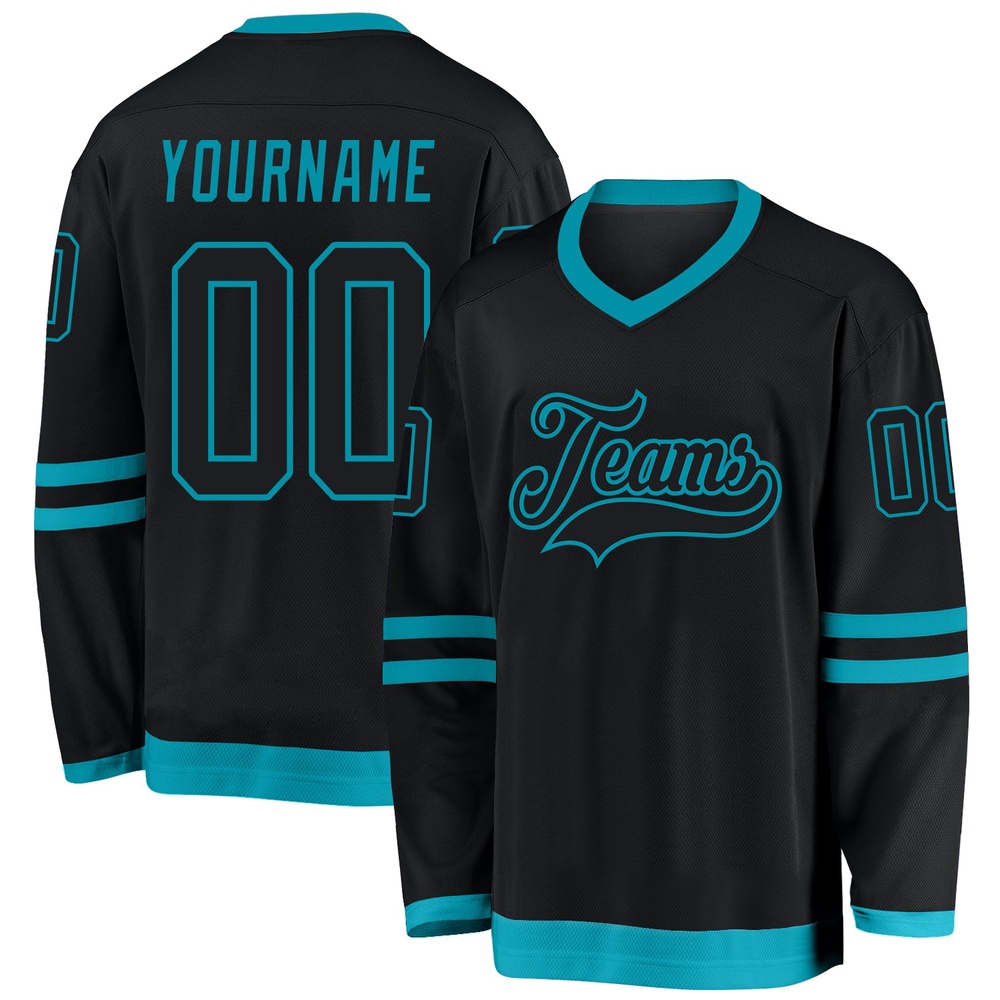 Custom Black Black Teal Hockey Jersey, New Hockey Jersey, Personali Sport Team Jersey Shirt Custom Black Black Teal Hockey Jersey, New Hockey Jersey, Personali Sport Team Jersey Shirt
