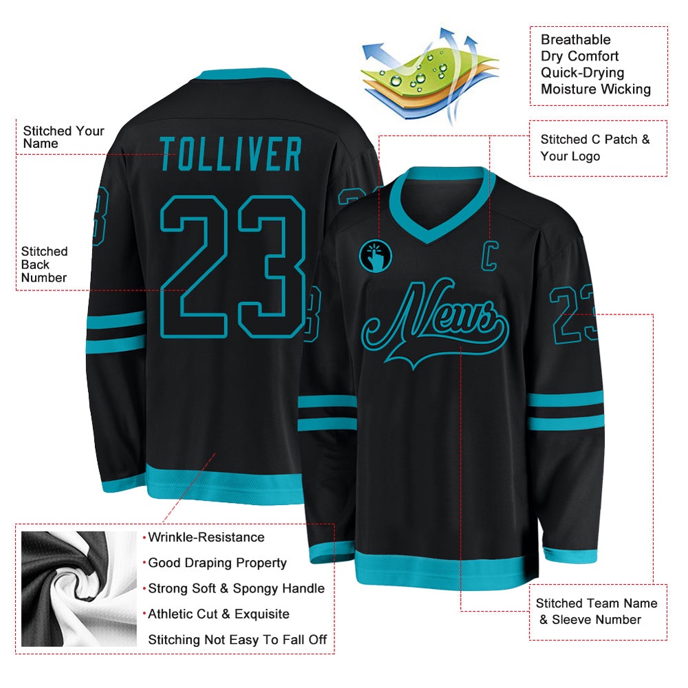 Custom Black Black Teal Hockey Jersey, New Hockey Jersey, Personali Sport Team Jersey Shirt Custom Black Black Teal Hockey Jersey, New Hockey Jersey, Personali Sport Team Jersey Shirt
