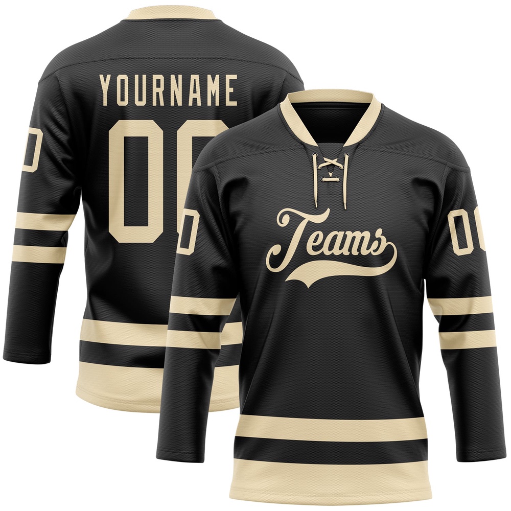 Custom Black Cream Hockey Lace Neck Jersey, New Hockey Jersey, Personali Sport Team Jersey Shirt Custom Black Cream Hockey Lace Neck Jersey, New Hockey Jersey, Personali Sport Team Jersey Shirt