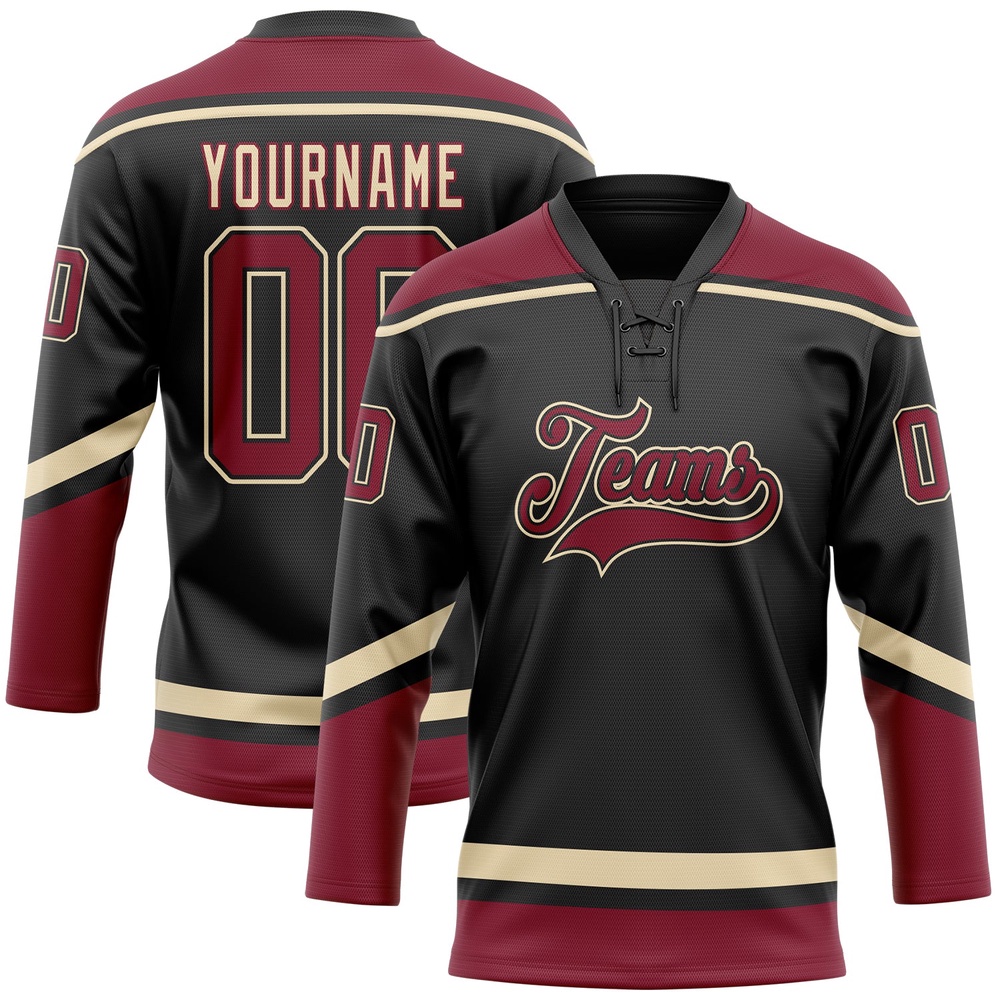 Custom Black Crimson City Cream Hockey Lace Neck Jersey, New Hockey Jersey, Personali Sport Team Jersey Shirt