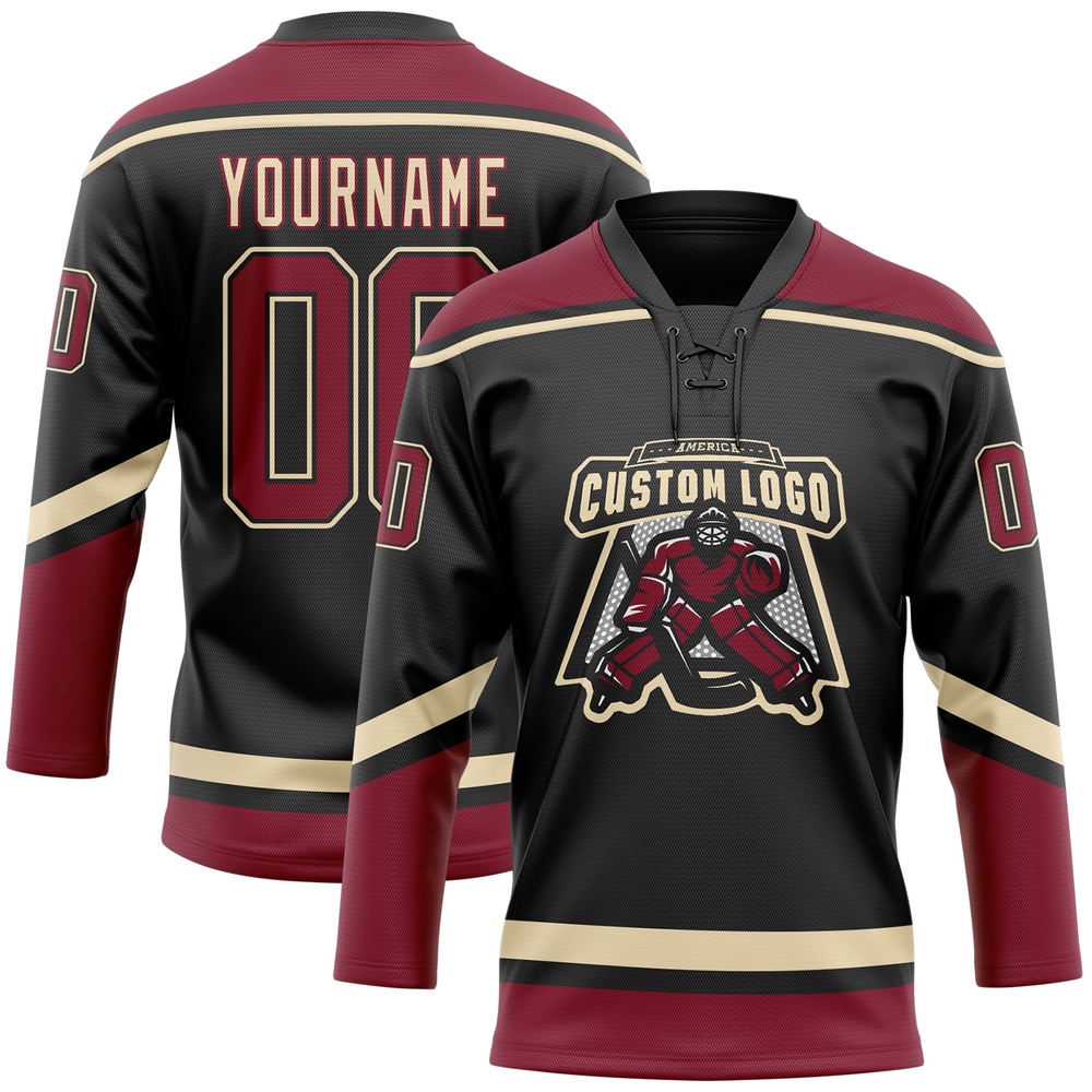 Custom Black Crimson City Cream Hockey Lace Neck Jersey, New Hockey Jersey, Personali Sport Team Jersey Shirt