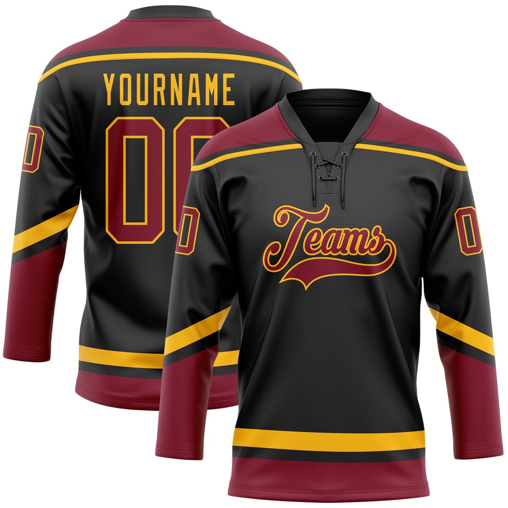Custom Black Crimson Gold Hockey Lace Neck Jersey, New Hockey Jersey, Personali Sport Team Jersey Shirt Custom Black Crimson Gold Hockey Lace Neck Jersey, New Hockey Jersey, Personali Sport Team Jersey Shirt