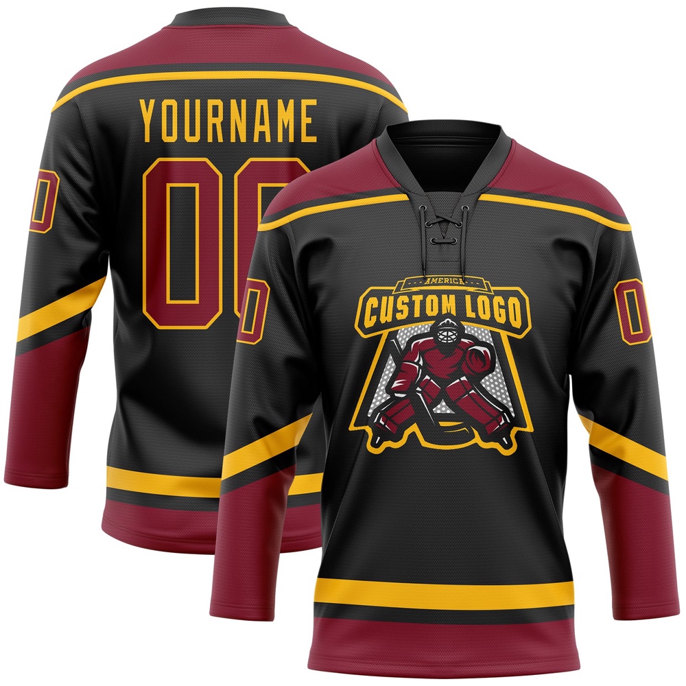 Custom Black Crimson Gold Hockey Lace Neck Jersey, New Hockey Jersey, Personali Sport Team Jersey Shirt Custom Black Crimson Gold Hockey Lace Neck Jersey, New Hockey Jersey, Personali Sport Team Jersey Shirt