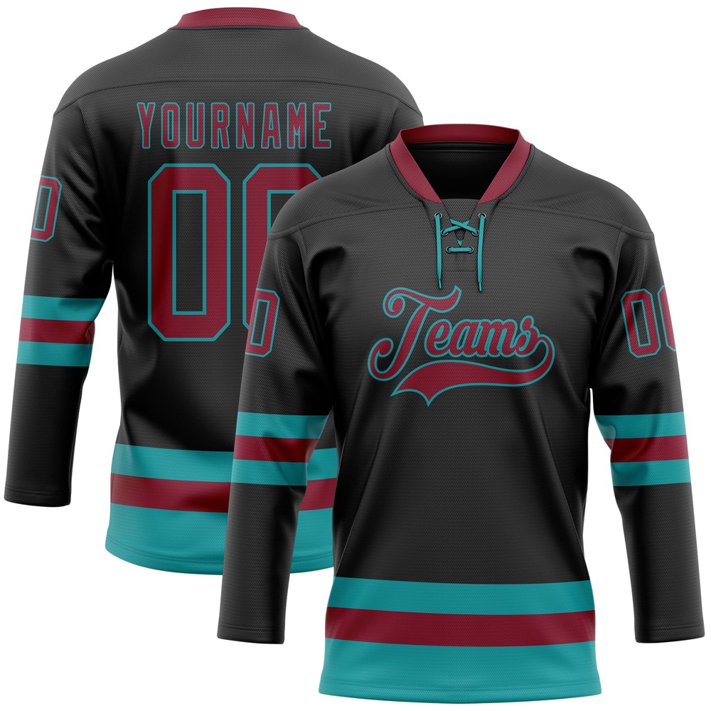 Custom Black Crimson Teal Hockey Lace Neck Jersey, New Hockey Jersey, Personali Sport Team Jersey Shirt Custom Black Crimson Teal Hockey Lace Neck Jersey, New Hockey Jersey, Personali Sport Team Jersey Shirt