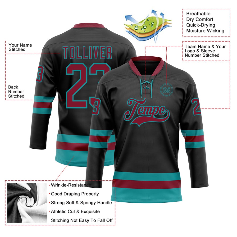 Custom Black Crimson Teal Hockey Lace Neck Jersey, New Hockey Jersey, Personali Sport Team Jersey Shirt Custom Black Crimson Teal Hockey Lace Neck Jersey, New Hockey Jersey, Personali Sport Team Jersey Shirt
