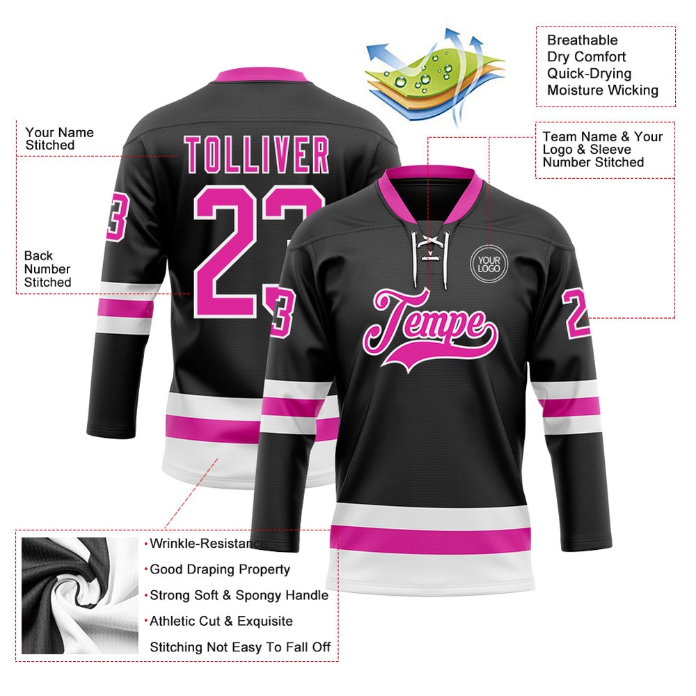Custom Black Deep Pink White Hockey Lace Neck Jersey, New Hockey Jersey, Personali Sport Team Jersey Shirt Custom Black Deep Pink White Hockey Lace Neck Jersey, New Hockey Jersey, Personali Sport Team Jersey Shirt