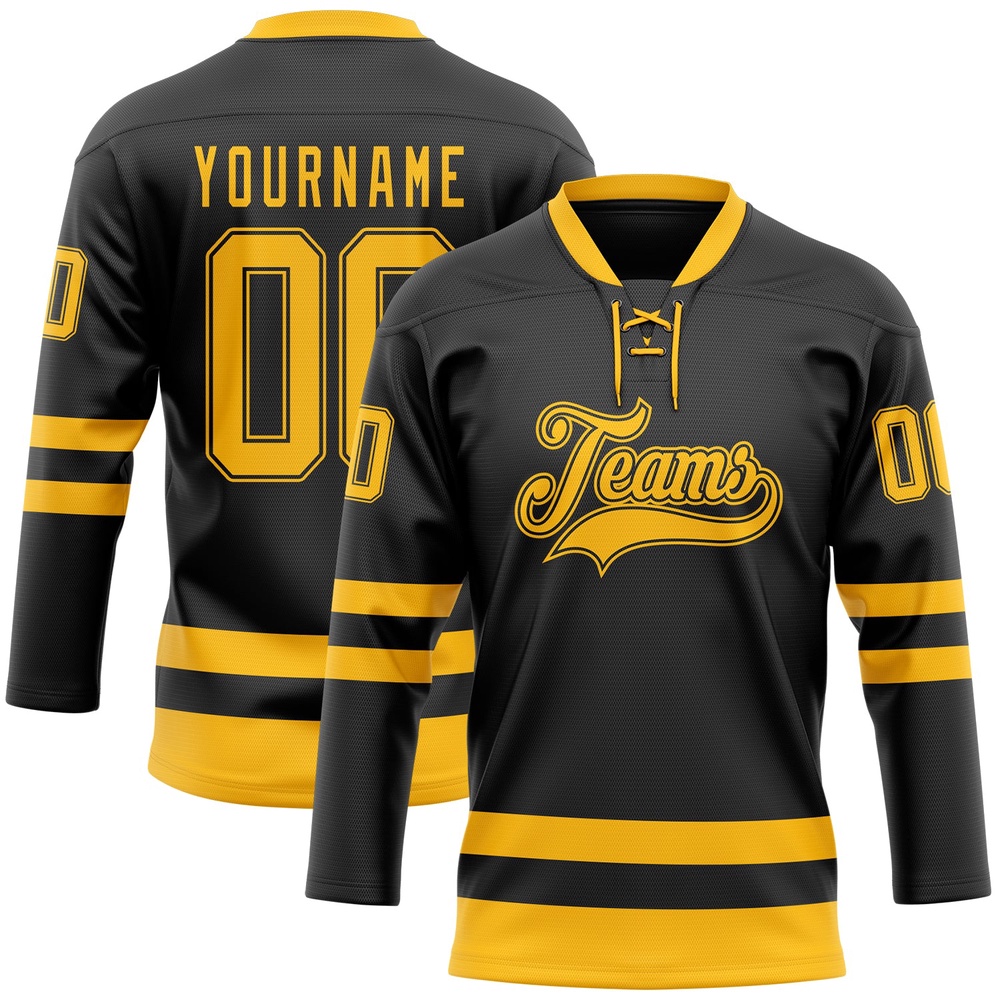Custom Black Gold Hockey Lace Neck Jersey, New Hockey Jersey, Personali Sport Team Jersey Shirt Custom Black Gold Hockey Lace Neck Jersey, New Hockey Jersey, Personali Sport Team Jersey Shirt