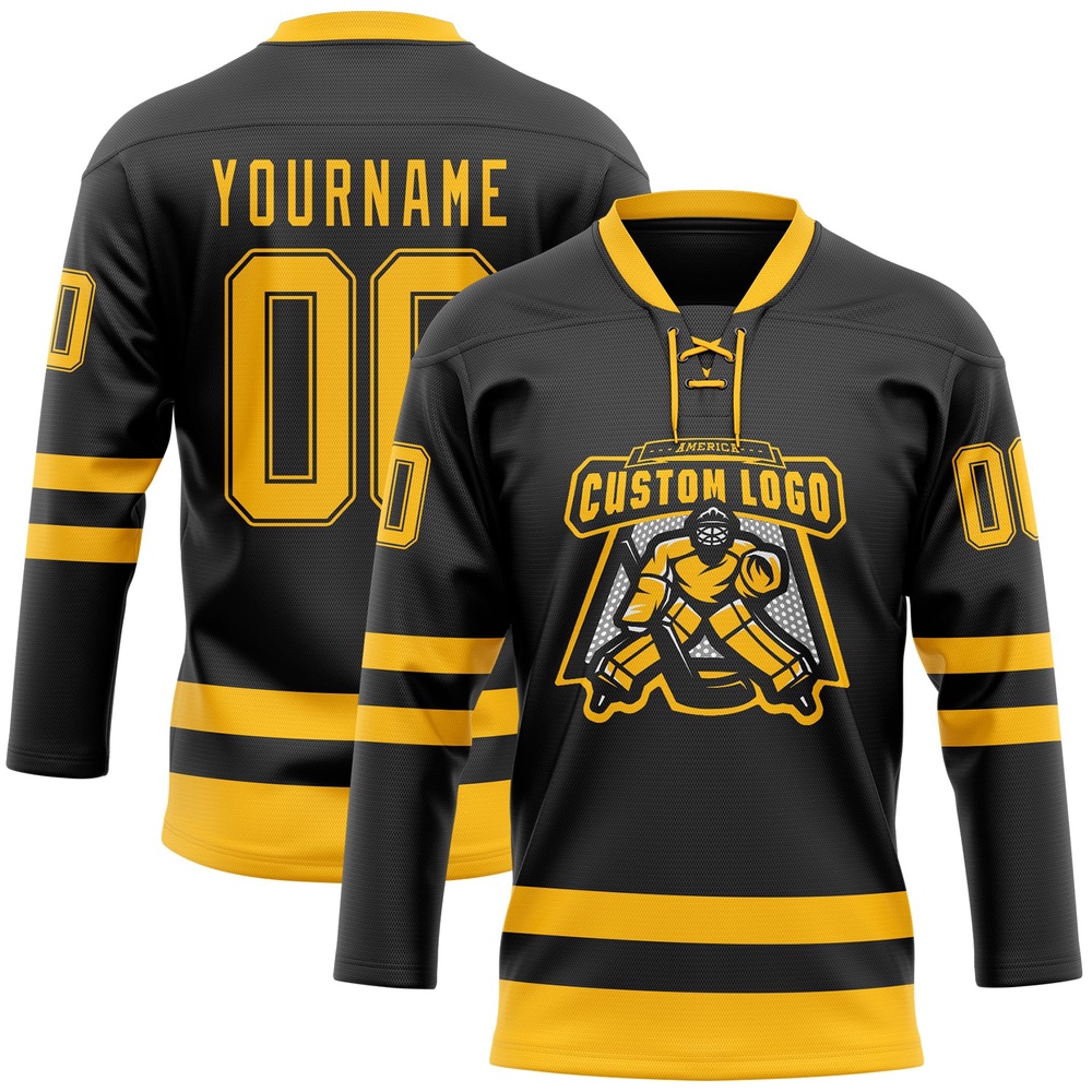 Custom Black Gold Hockey Lace Neck Jersey, New Hockey Jersey, Personali Sport Team Jersey Shirt Custom Black Gold Hockey Lace Neck Jersey, New Hockey Jersey, Personali Sport Team Jersey Shirt