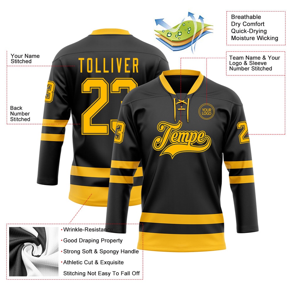 Custom Black Gold Hockey Lace Neck Jersey, New Hockey Jersey, Personali Sport Team Jersey Shirt Custom Black Gold Hockey Lace Neck Jersey, New Hockey Jersey, Personali Sport Team Jersey Shirt