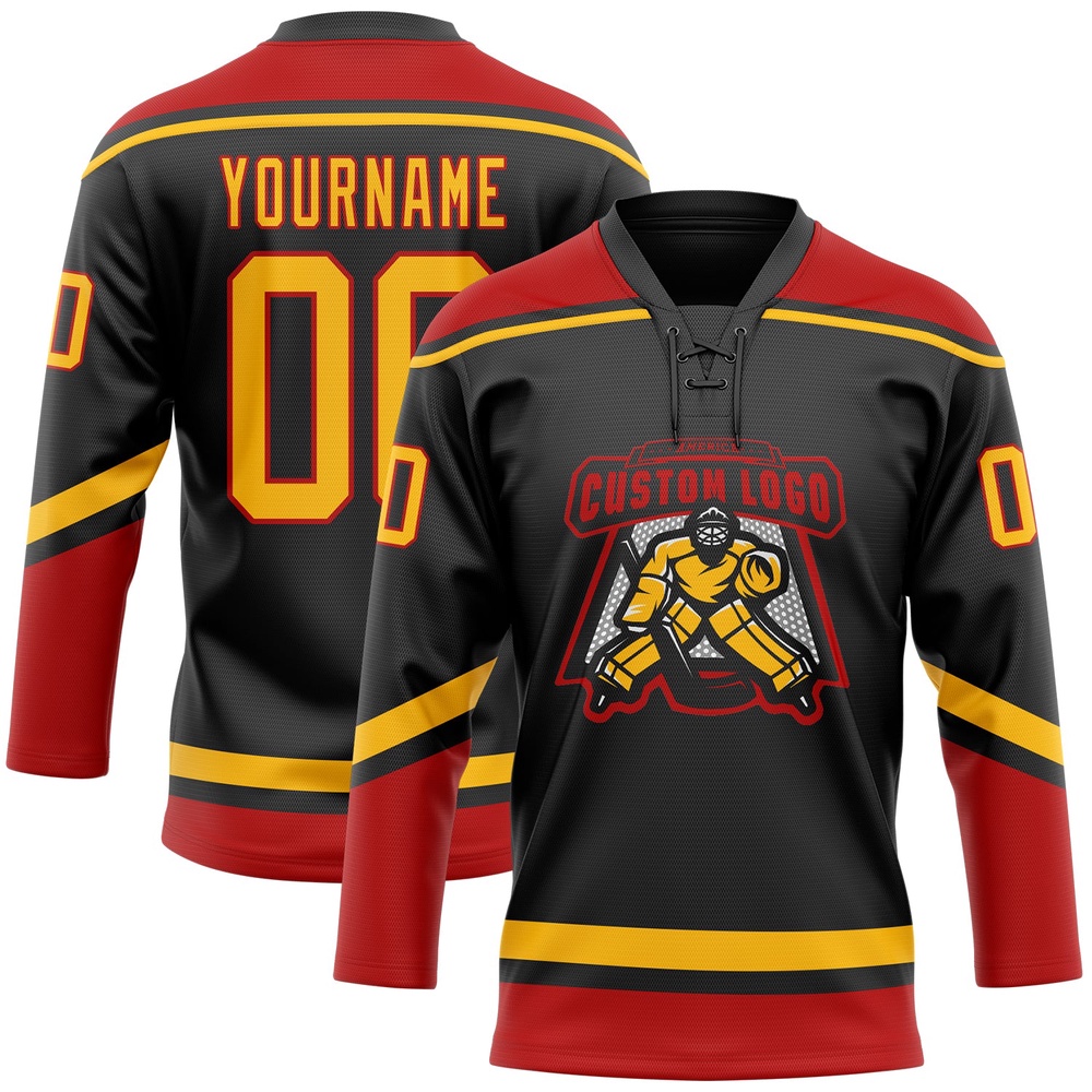 Custom Black Gold Red Hockey Lace Neck Jersey, New Hockey Jersey, Personali Sport Team Jersey Shirt