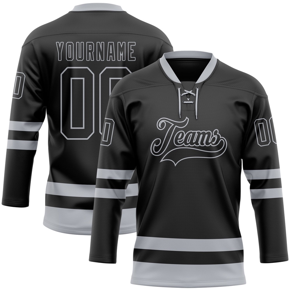 Custom Black Gray Hockey Lace Neck Jersey, New Hockey Jersey, Personali Sport Team Jersey Shirt Custom Black Gray Hockey Lace Neck Jersey, New Hockey Jersey, Personali Sport Team Jersey Shirt