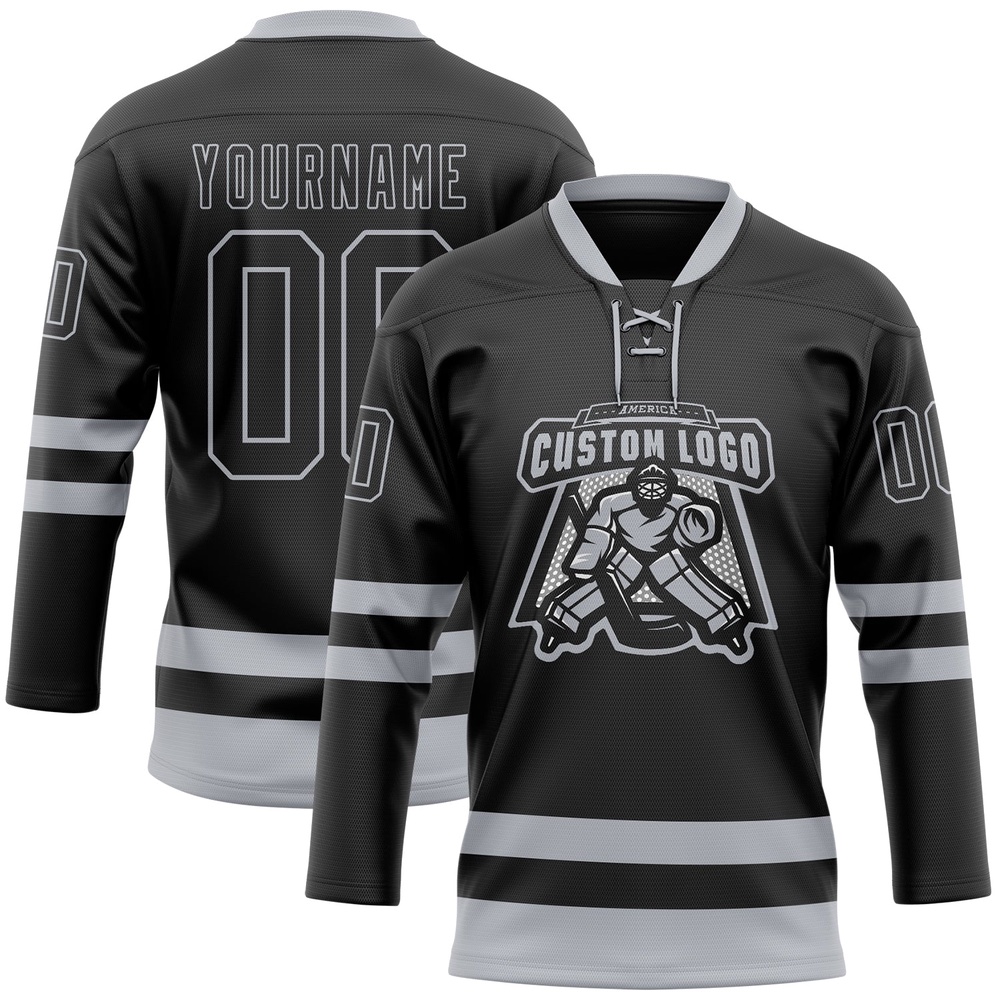 Custom Black Gray Hockey Lace Neck Jersey, New Hockey Jersey, Personali Sport Team Jersey Shirt Custom Black Gray Hockey Lace Neck Jersey, New Hockey Jersey, Personali Sport Team Jersey Shirt