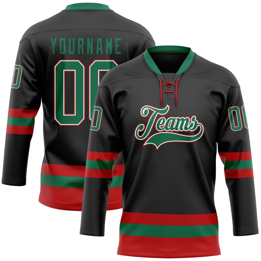 Custom Black Kelly Green Red Hockey Lace Neck Jersey, New Hockey Jersey, Personali Sport Team Jersey Shirt