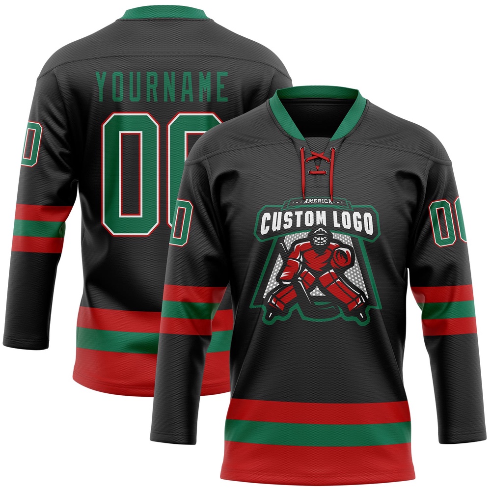 Custom Black Kelly Green Red Hockey Lace Neck Jersey, New Hockey Jersey, Personali Sport Team Jersey Shirt