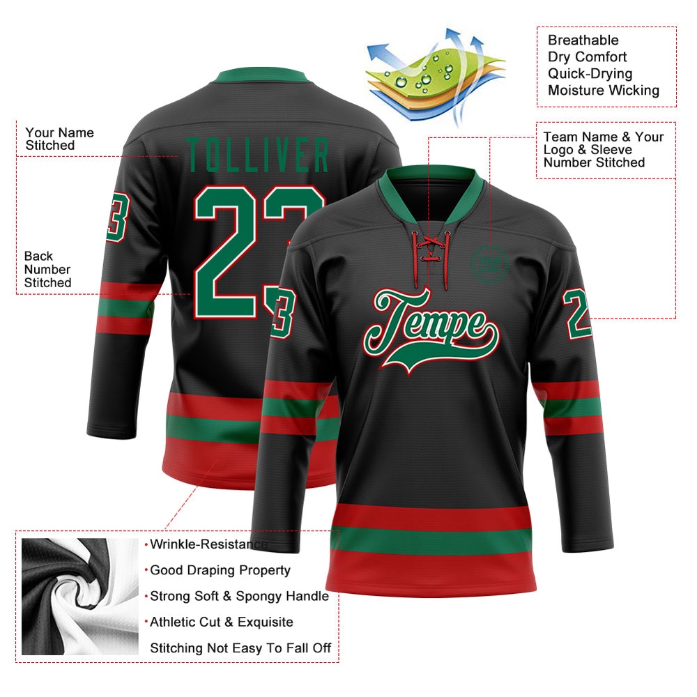 Custom Black Kelly Green Red Hockey Lace Neck Jersey, New Hockey Jersey, Personali Sport Team Jersey Shirt
