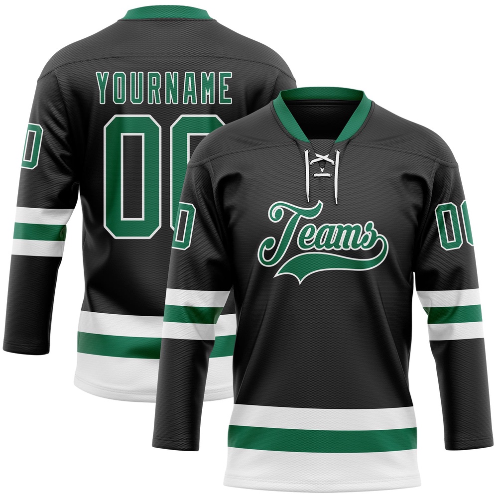 Custom Black Kelly Green White Hockey Lace Neck Jersey, New Hockey Jersey, Personali Sport Team Jersey Shirt
