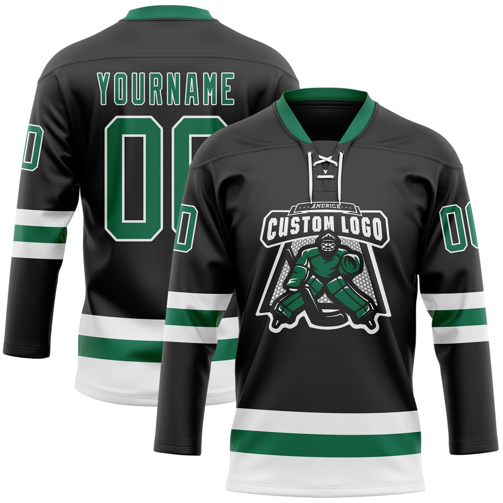 Custom Black Kelly Green White Hockey Lace Neck Jersey, New Hockey Jersey, Personali Sport Team Jersey Shirt