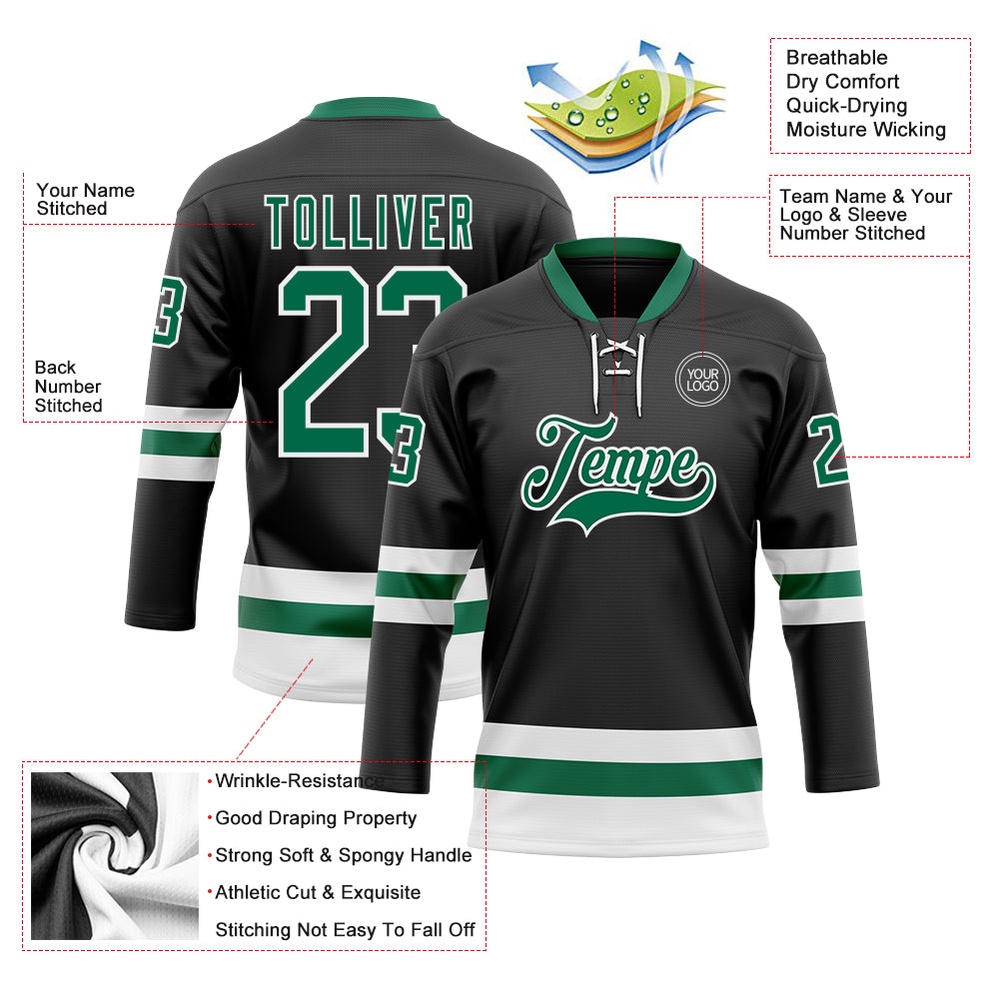 Custom Black Kelly Green White Hockey Lace Neck Jersey, New Hockey Jersey, Personali Sport Team Jersey Shirt