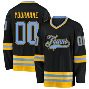 Custom Black Light Blue Gold Hockey Jersey,…
