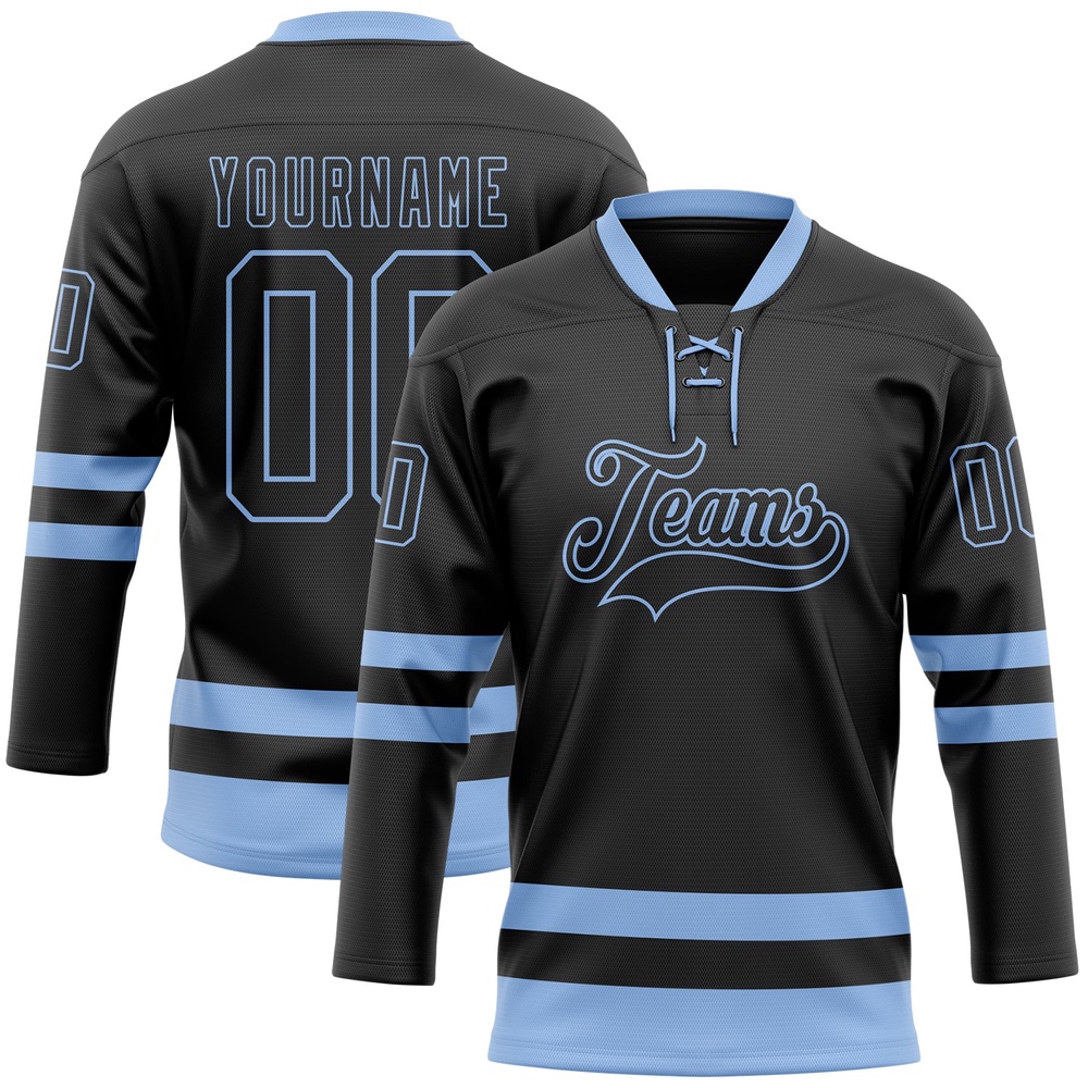 Custom Black Light Blue Hockey Lace Neck Jersey, New Hockey Jersey, Personali Sport Team Jersey Shirt