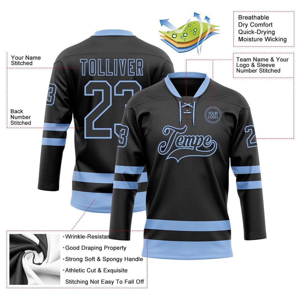 Custom Black Light Blue Hockey Lace Neck Jersey, New Hockey Jersey, Personali Sport Team Jersey Shirt