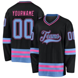Custom Black Light Blue Pink Hockey Jersey,…