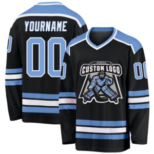 Custom Black Light Blue White Hockey Jersey,…