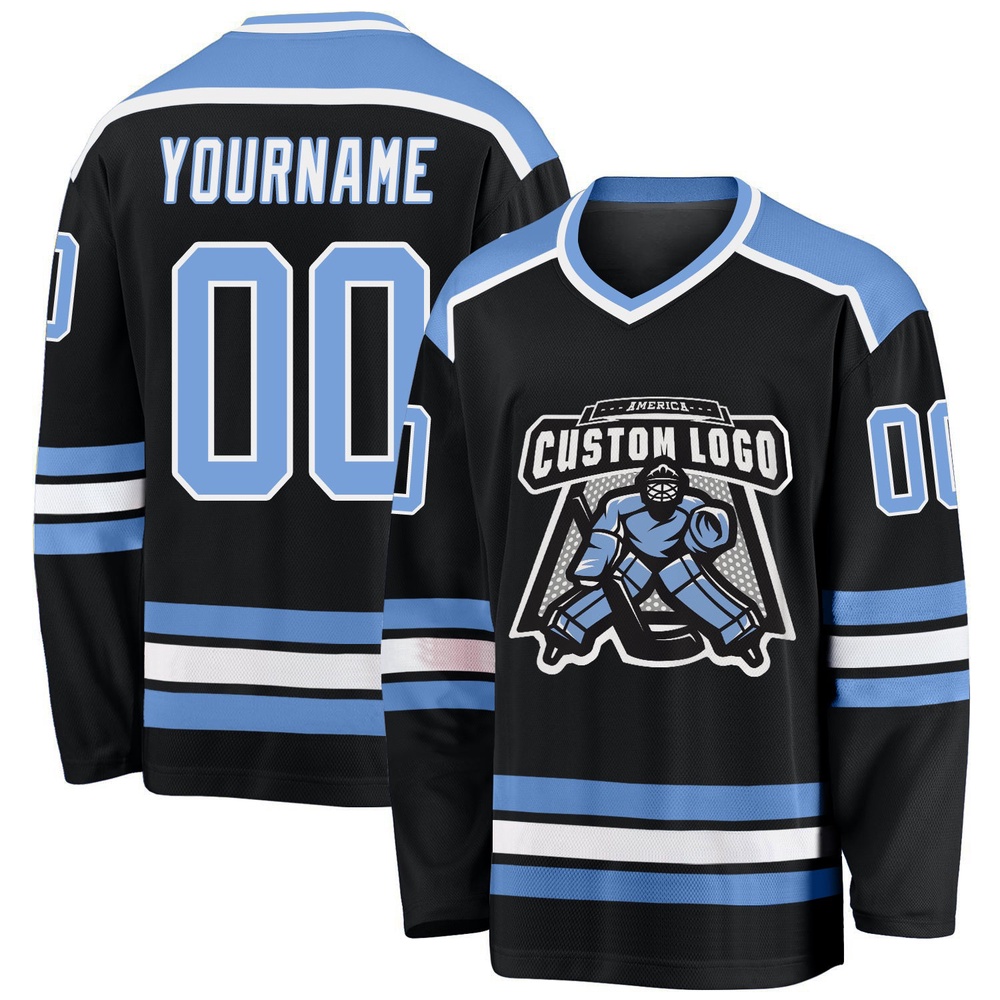Custom Black Light Blue White Hockey Jersey, New Hockey Jersey, Personali Sport Team Jersey Shirt