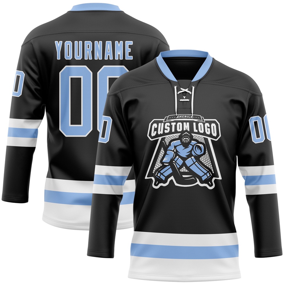 Custom Black Light Blue White Hockey Lace Neck Jersey, New Hockey Jersey, Personali Sport Team Jersey Shirt